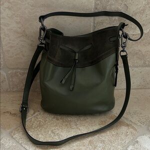Lodis Elegant Olive Green Leather & Suede Bucket Bag